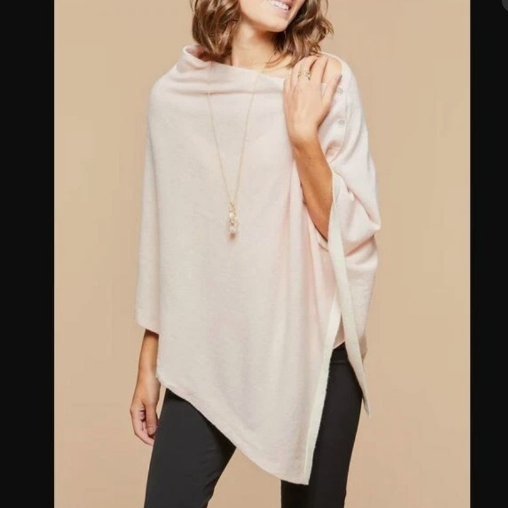 Spartina 449 Blush Pink Button Side Ivory Trim Wool Cashmere Poncho Sweater NEW